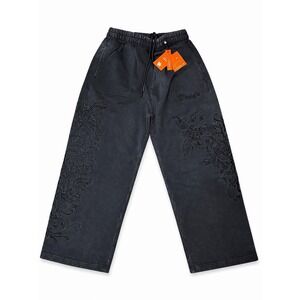 YoungLA Embroidered Sweatpants Black Gothic Floral Wide Leg Drawstring Size M